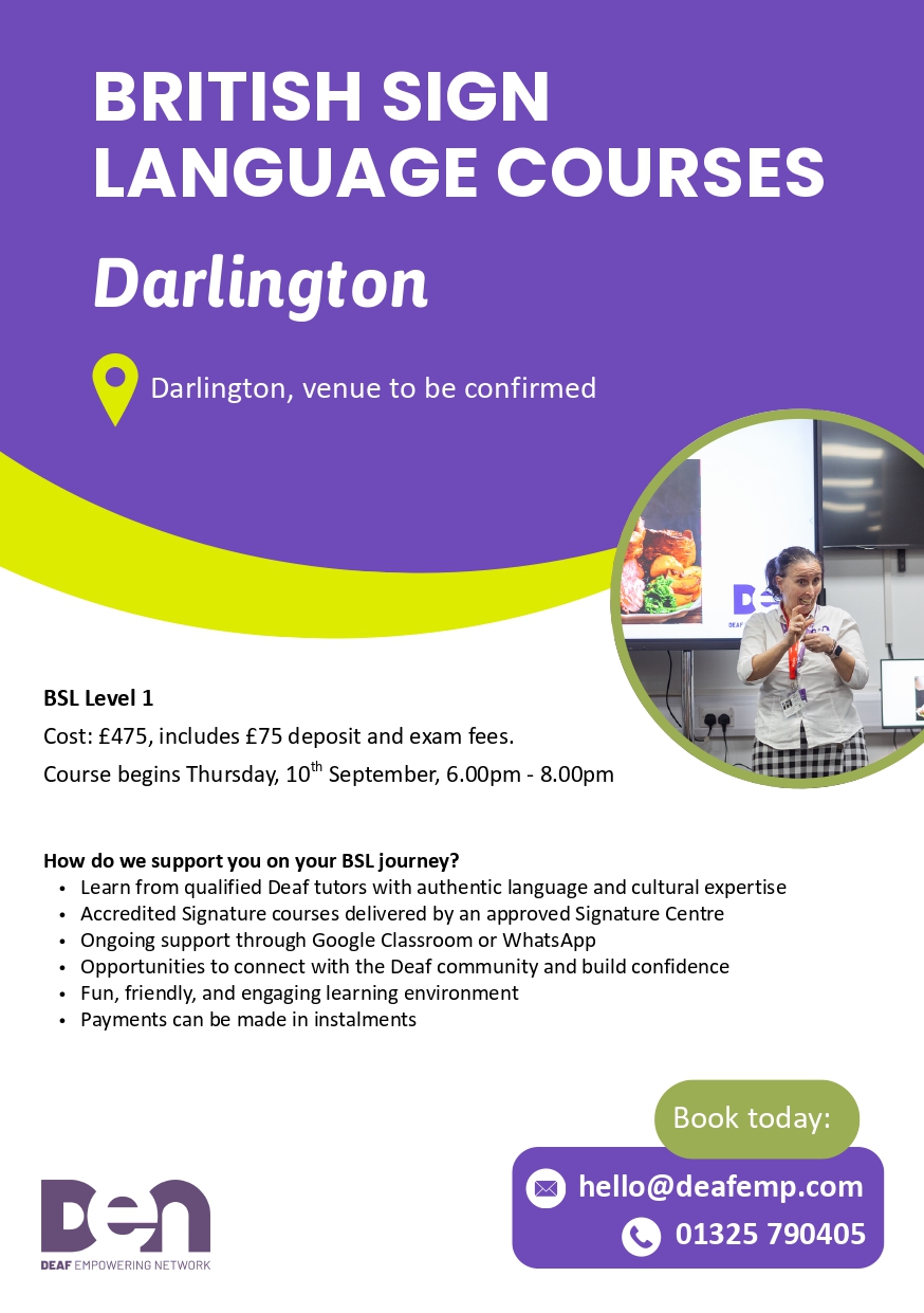 Social sharing card for British Sign Language courses open in Darlington and Middlesbrough this September
