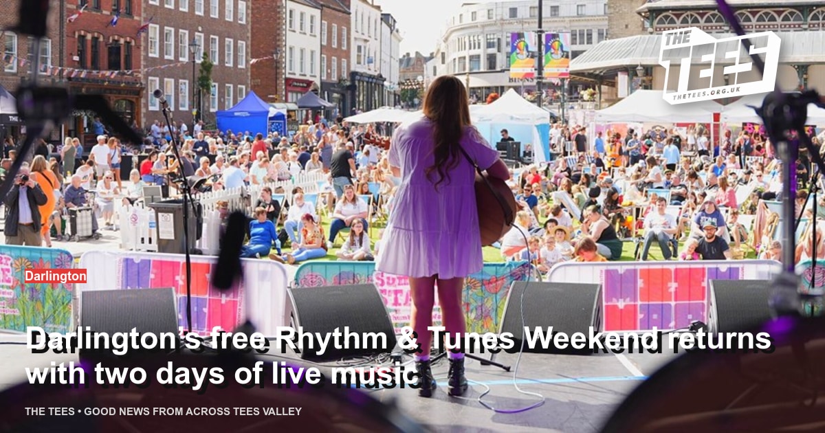 Social sharing card for Darlington’s free Rhythm & Tunes Weekend returns with two days of live music