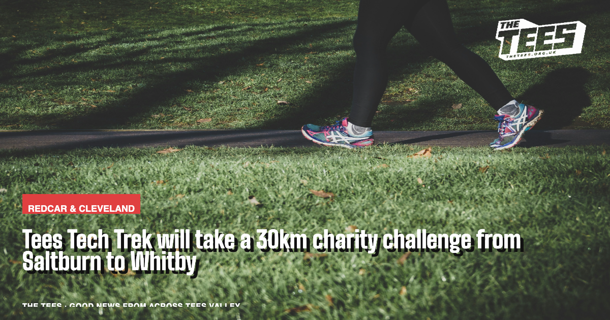 Social sharing card for Tees Tech Trek will take a 30km charity challenge from Saltburn to Whitby