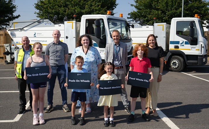 Hartlepool’s winning pupils with members of the council’s waste services team