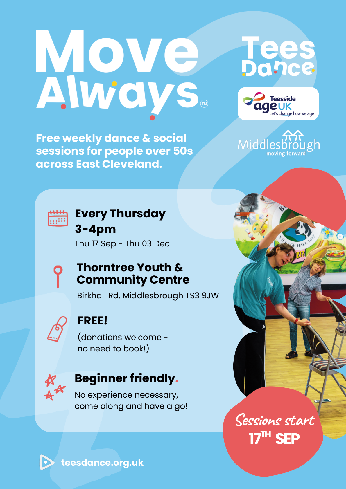 Official TeesDance MoveAlways Thorntree promotional flyer for the free weekly 50+ dance and social sessions